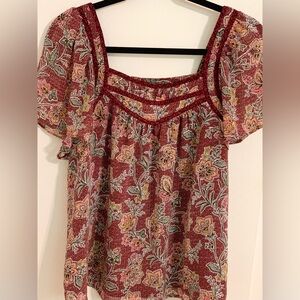 LOFT Maroon Floral Blouse Lined Sheer Sleeves Size MP Square Neck